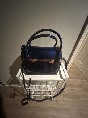 Isabelle Retro Vegan Patent Leather Satchel Handbag Blue w/ Gold Hardware